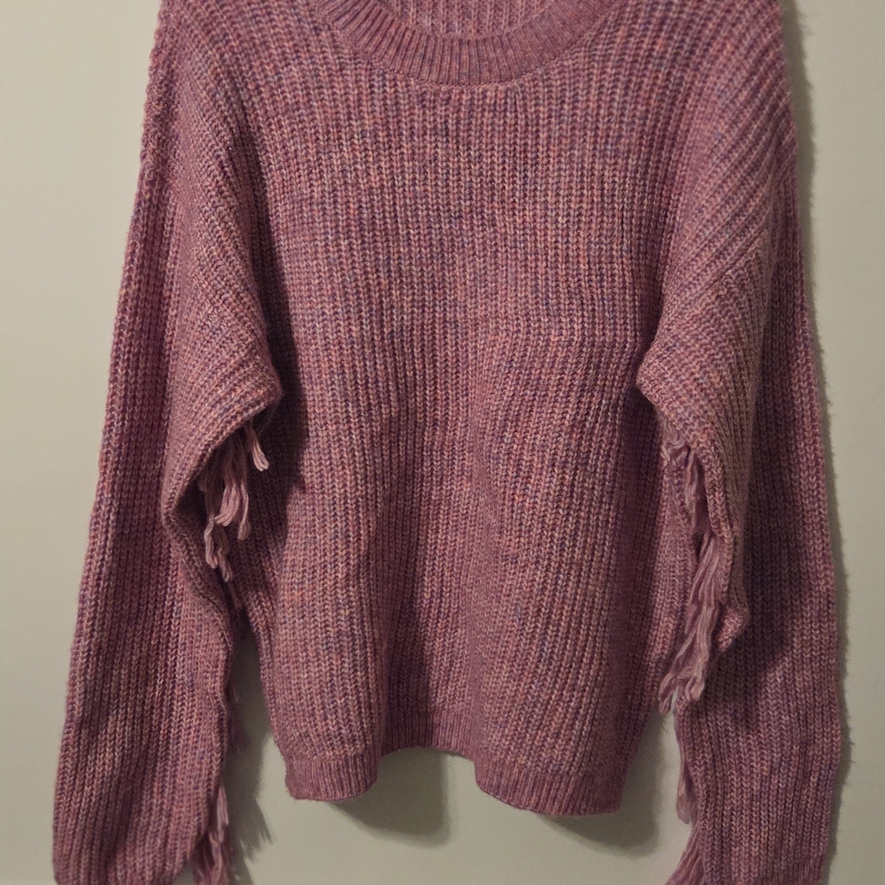 Cozy Mauve Knit Sweater with Fringe Details
